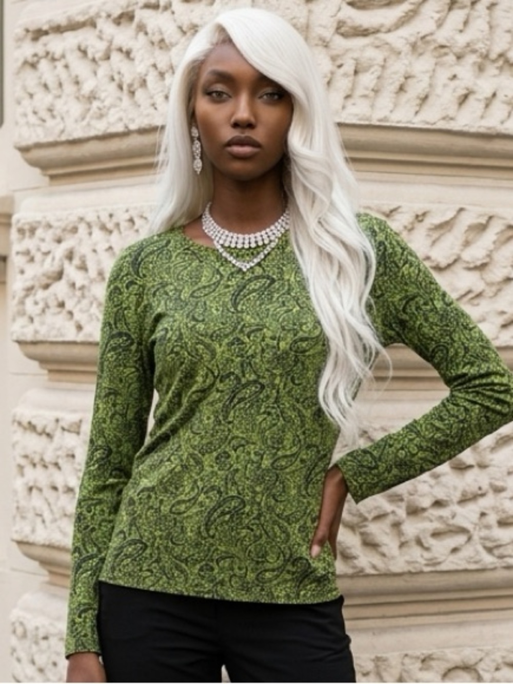 Women’s Jones New York Sport Green Paisley Long Sleeve Top Stretchy Lightweight